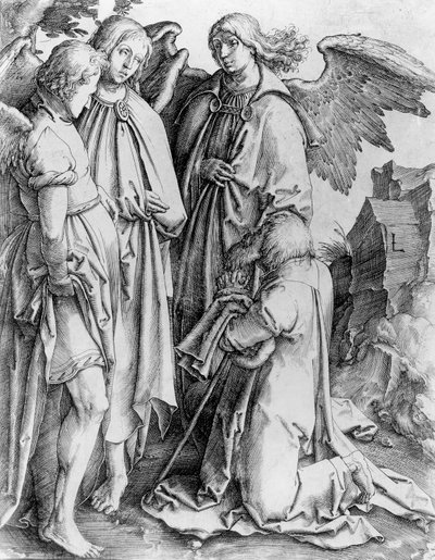 Saint kneeling before angels by English School